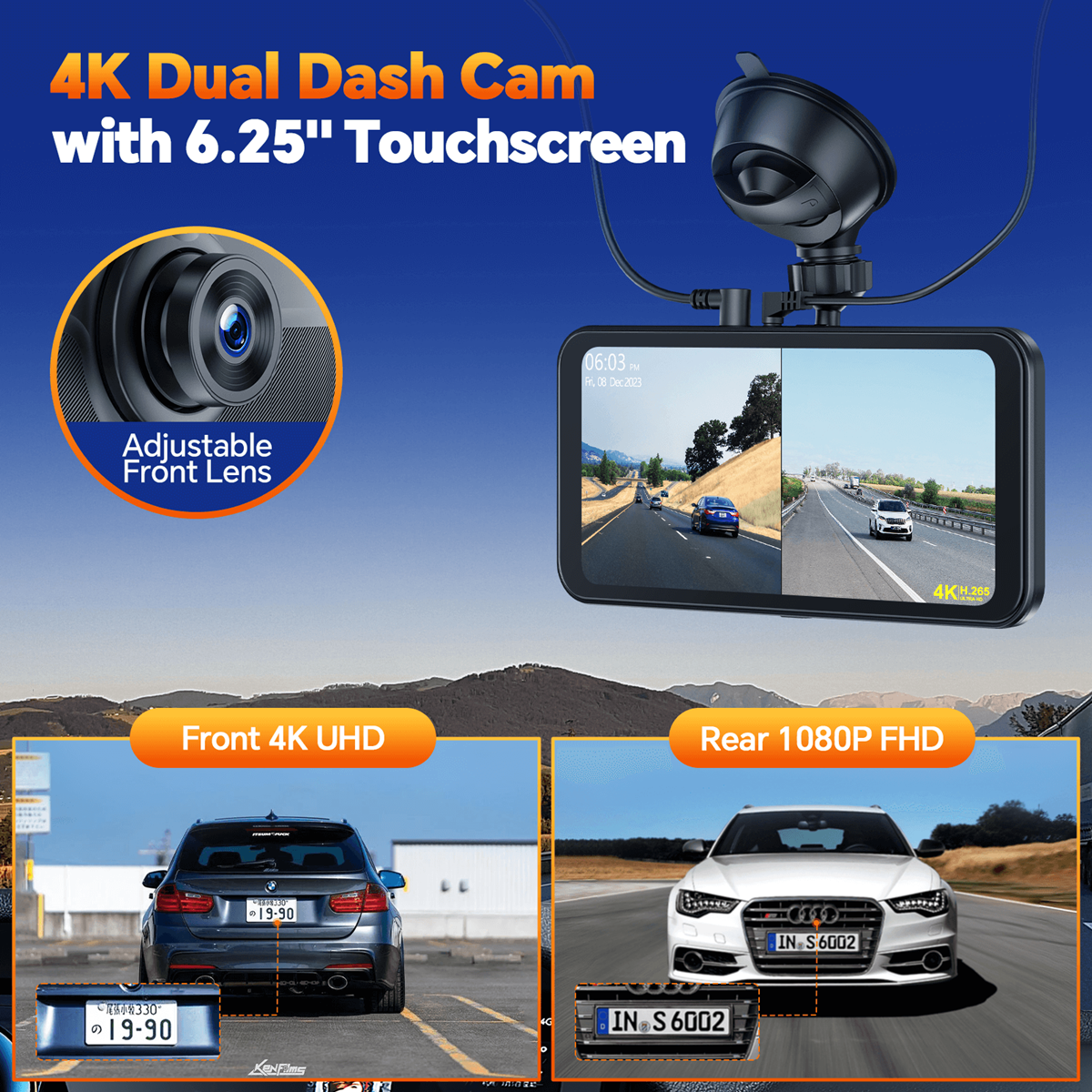 Campark 4K 1080P 6.28'' Dual Dash Camera Front and Rear with Apple Carplay &amp; Android Auto, GPS Navigation, Loop Recording